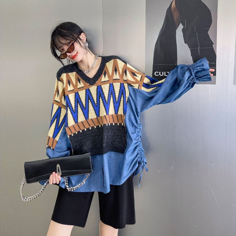 European Style Two-Piece Patchwork Denim Sweater Women, Loose V-Neck Knitted Top For Spring And Autumn_voghion.com