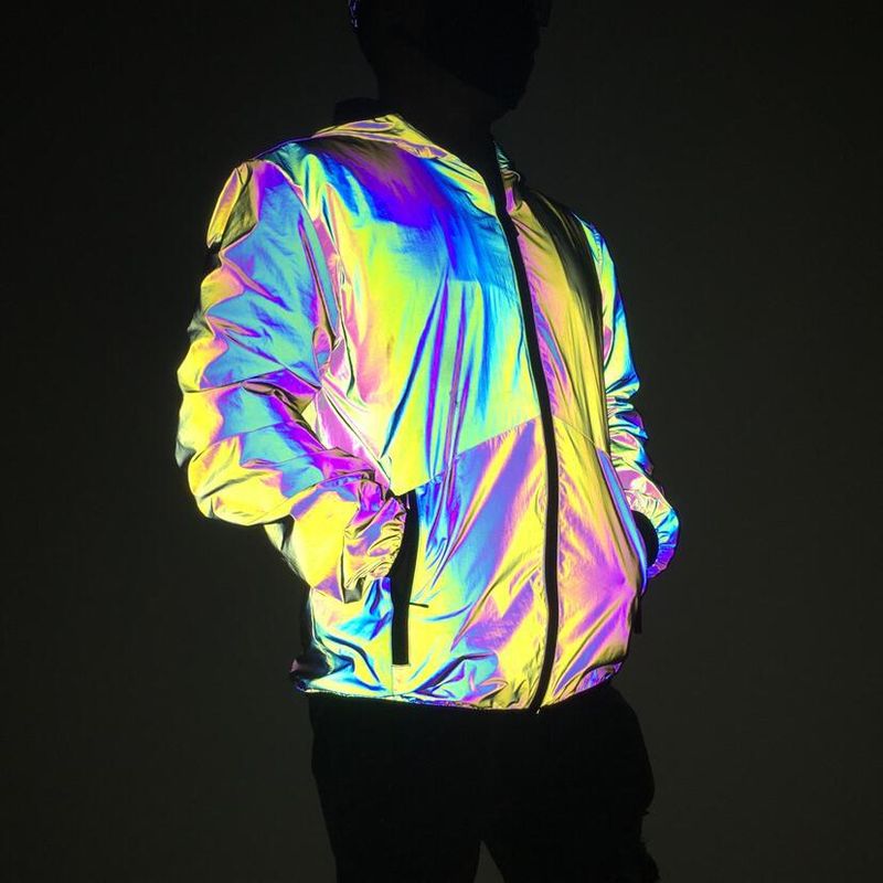 Men's Clothing rainbow color reflective jacket fashion large size colorful luminous jacket unisex_voghion.com