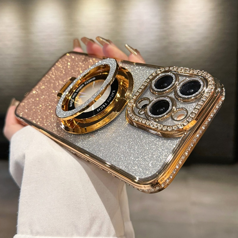 Plating Flash Glitte Magnetic Holde Phone Case Fo IPhone 11 12 13 14 Po Max Bumpe Potecto On 15 Plus_voghion.com