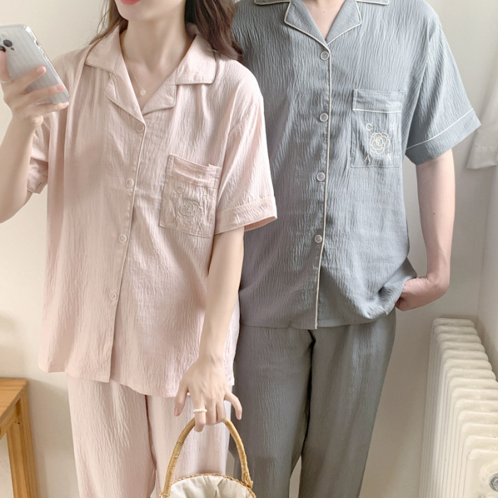 Parpyjamas, kvinders forårssommer korte ærmer lange bukser, tynd bomuldsmodel, enkel og ensfarvet, kan bæres_voghion.com
