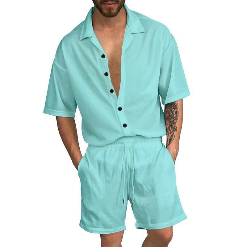 Sommeranzug, lässiges Revers, einfarbiges Hemd, Strickjacke mit Knöpfen, Kurzarm-Shorts-Set, Herren_voghion.com
