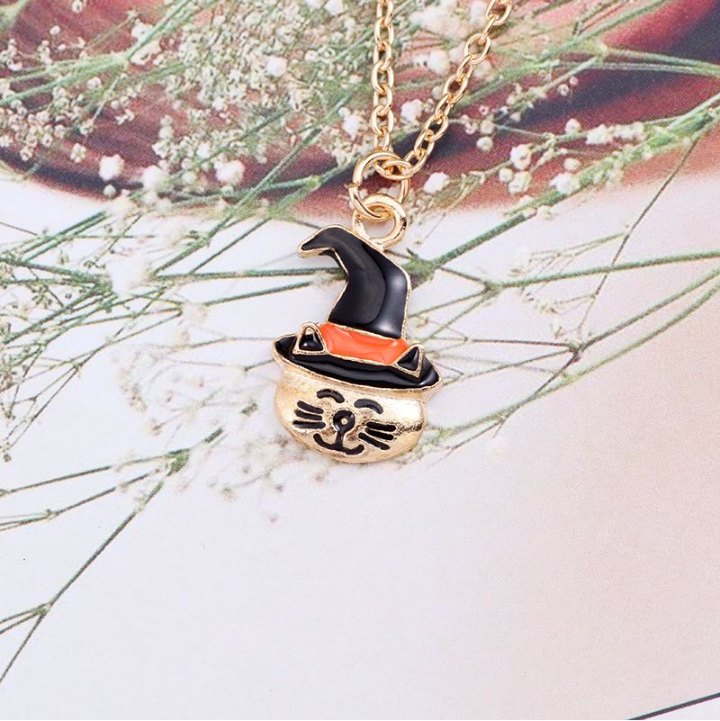Gioielli alla moda e di personalità a tema Halloween, collana creativa con testa di gatto, cappello magico con zucca e olio, pendente a catena, regalo esagerato_voghion.com