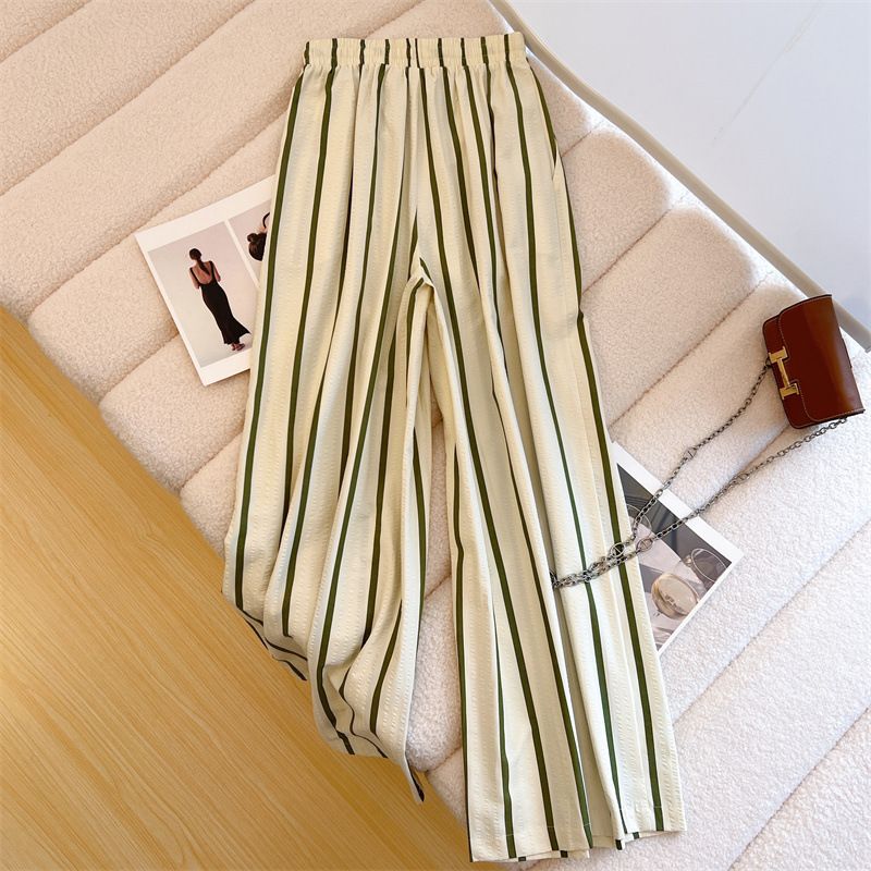 Heat Wave Beach Air Stripe Slimming Wide-Leg High Waist Summer Long Pants Commuting 2024 New Style_voghion.com