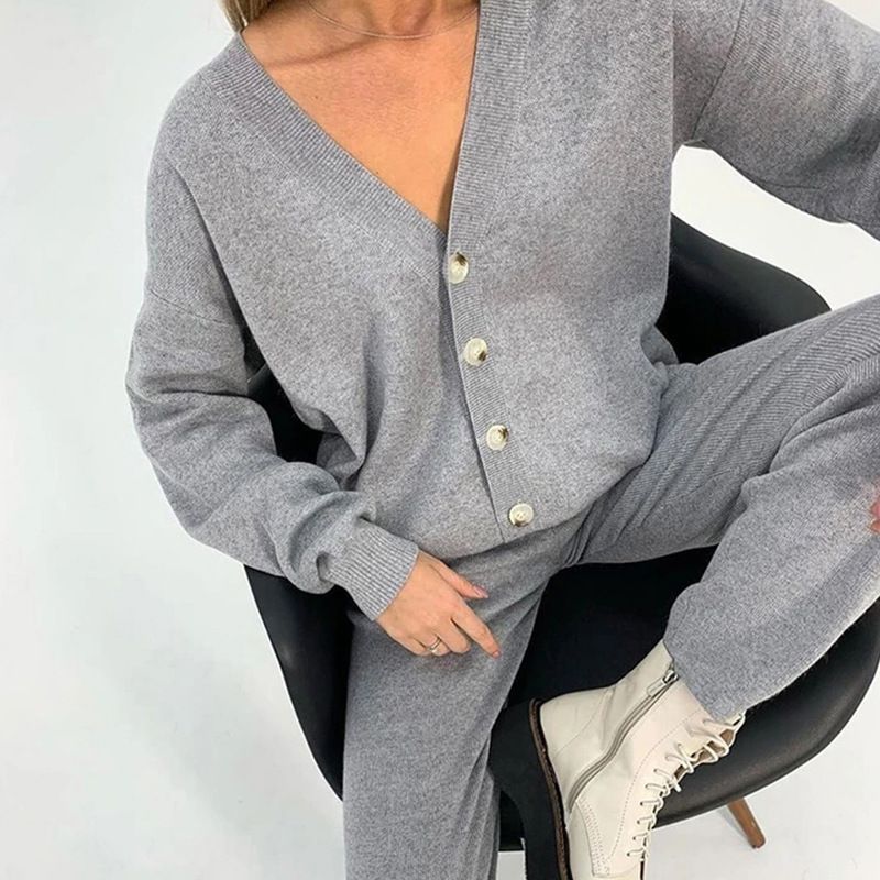 Ensemble de vêtements pour femmes, pull décontracté, ample, couleur unie, cardigan à manches longues, pantalon tricoté, ensemble deux pièces_voghion.com