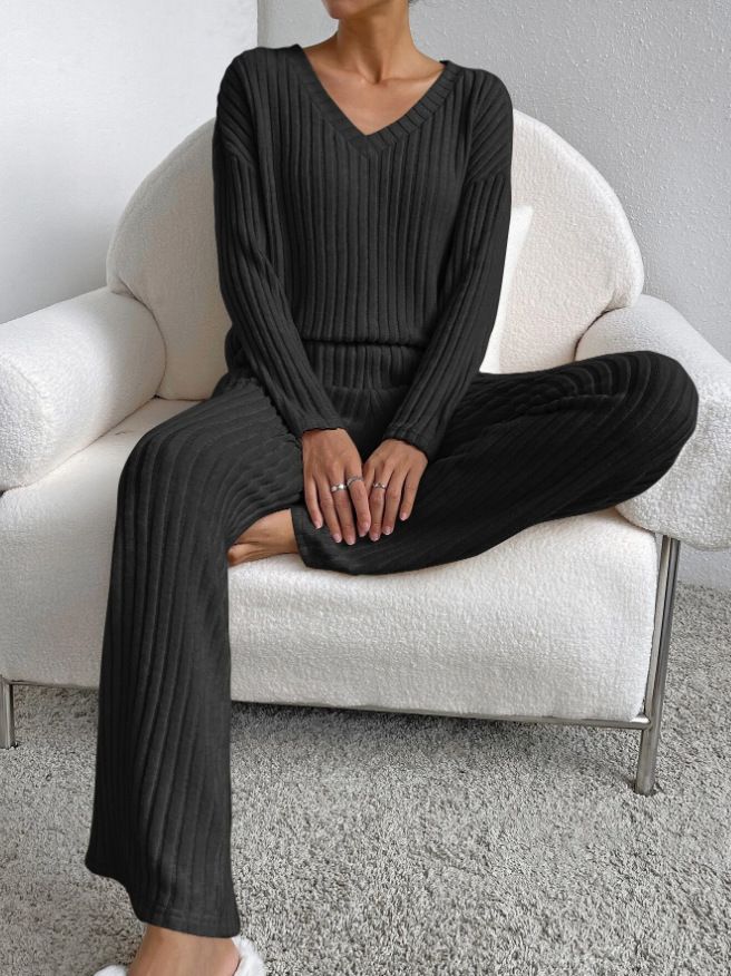 Dameskleding Tweedelig pak Mode Casual Rechte broek Temperament Losse V-hals Gestreept Gebreid Pak_voghion.com