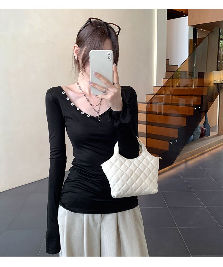Camiseta feminina de manga comprida com decote em V e listras largas, estilo novo de outono, base de camada interna adelgaçante que aperta a cintura_voghion.com