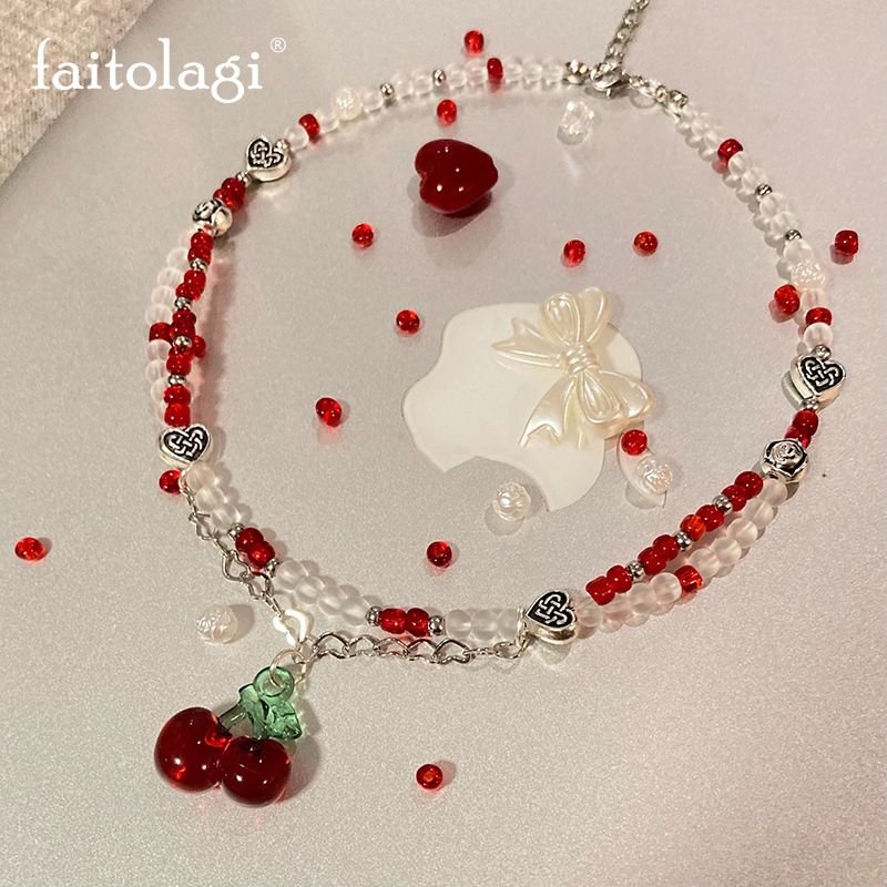 Heiße Verkäufe Y2K Rotes Herz Perlen Halsband Frauen Boho Perlen Kirsche Anhänger Halsketten Vintage Unregelmäßigen Egirl Halskette Schmuck_voghion.com