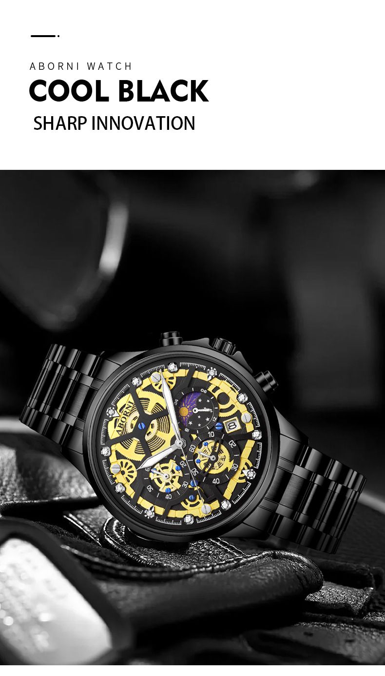 Men's Stainless Steel Quartz Watch With Luminous Hands, Moon Phase & Date Display - Fashionable Chronograph Design, Water Resistant Up To 30M_voghion.com