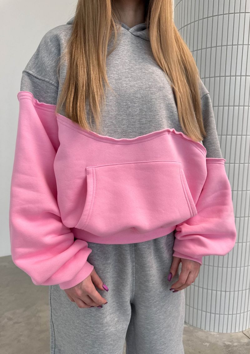 Conjunto feminino com capuz e calça jogger em blocos de cores - Conjunto moderno de duas peças em poliéster para conforto casual e urbano (P-GG, contraste rosa-cinza)_voghion.com