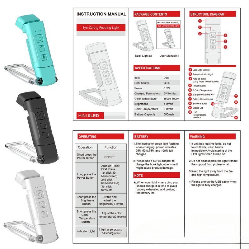 Buchhalter-Licht, Lesezeichen-Licht, USB-Aufladung, tragbares Clip-Licht, Schreibtisch-Licht, Augenschutz, Mini-LED-Karten-Buch-Licht_voghion.com