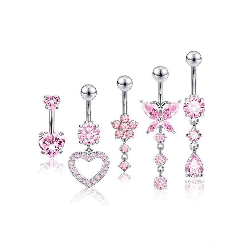 Set di gioielli da piercing all'ombelico in acciaio inossidabile da 5 pezzi in stile europeo e americano con zirconi a forma di cuore_voghion.com