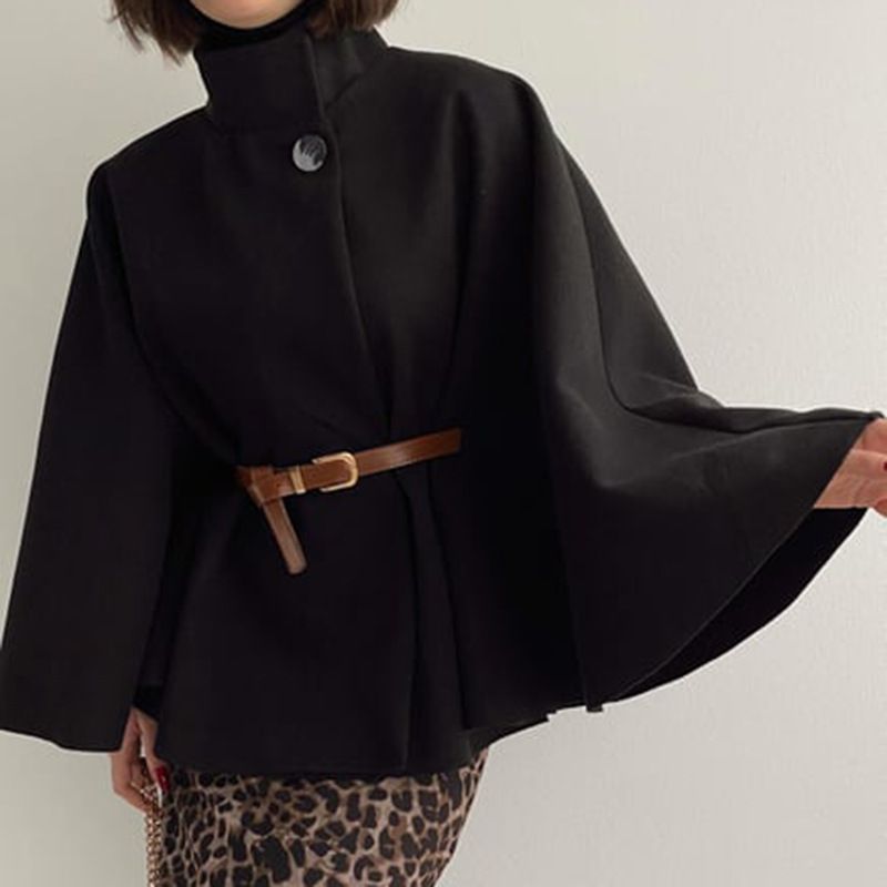 Elegante capa con cinturón: gabardina de lana resistente a las arrugas con mangas acampanadas para mujer (tallas S-XXL, 4 tonos neutros, ideal para la oficina y el fin de semana)_voghion.com