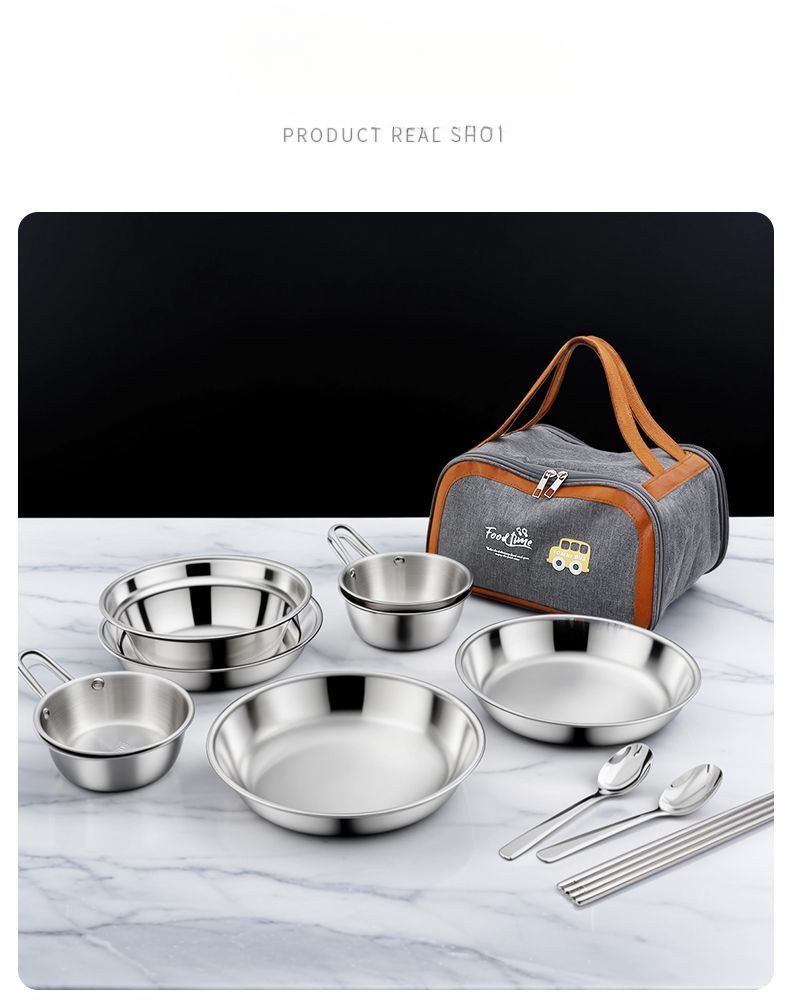 304 Edelstahl Geschirr Set Outdoor Camping Tragbare Platte Haushalt Picknick Stäbchen Löffel Suppe Schüssel Kombination_voghion.com