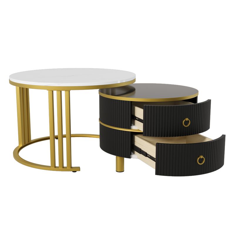 Table basse ronde 2 en 1 en MDF, table d'appoint avec plateau brillant et 1 plateau en marbre blanc, ensemble de table basse de salon avec 2 tiroirs, 70 x 70 x 46 cm + 50 x 50 x 40 cm_voghion.com