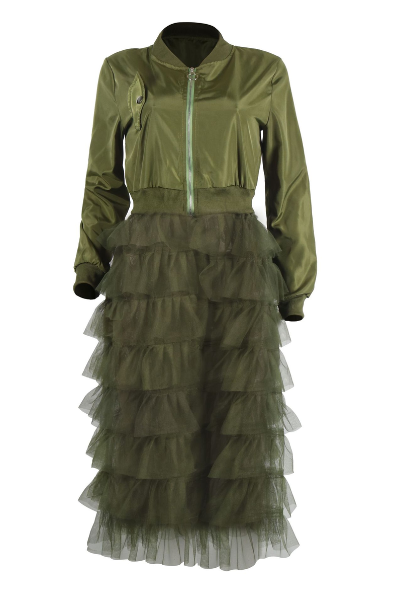 Women's fashion zipper solid color jacket + mesh lace skirt coat_voghion.com