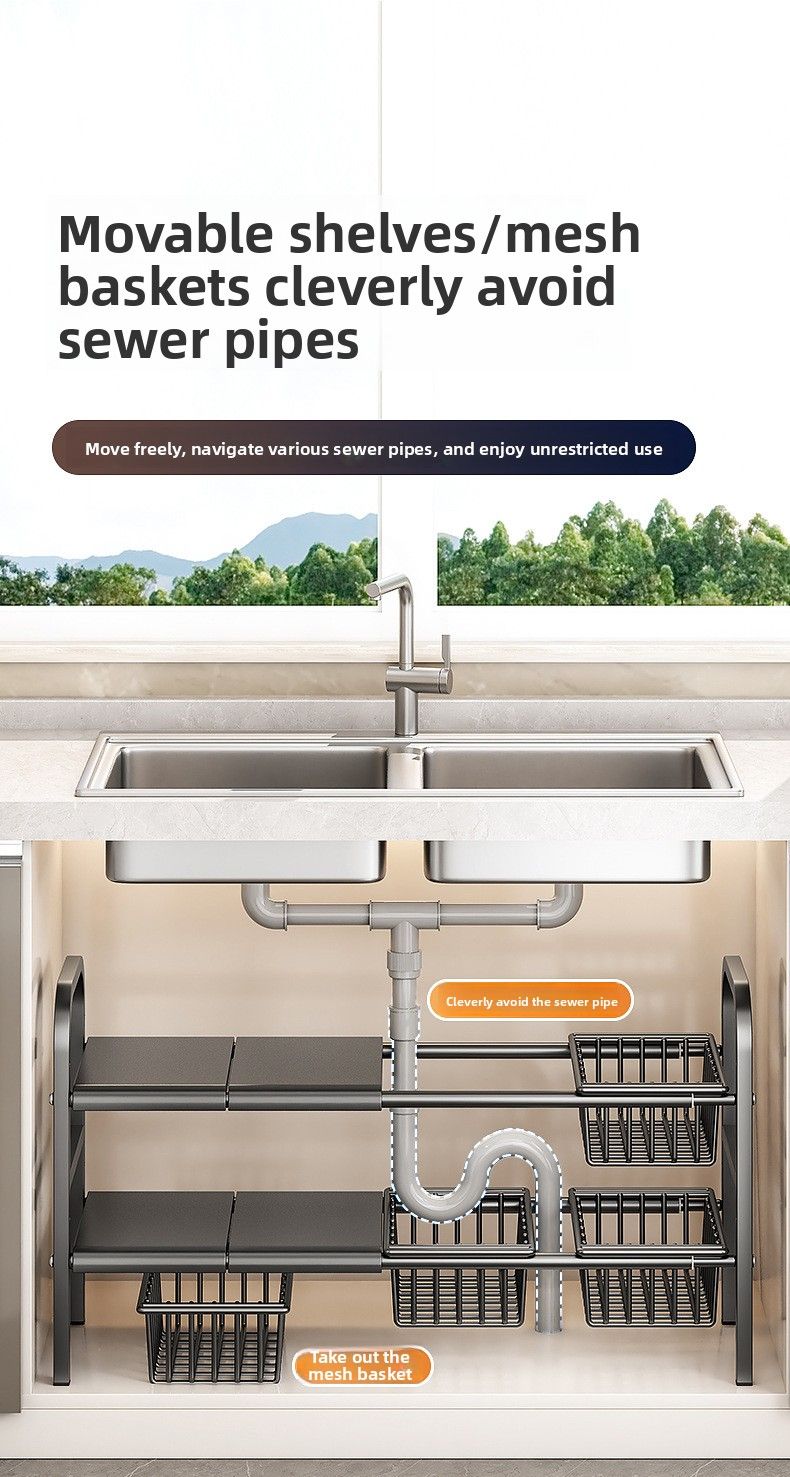 Mobiletto portaoggetti telescopico in acciaio al carbonio, molto venduto, organizer a strati, per lavabo, cucina, dropshipping_voghion.com