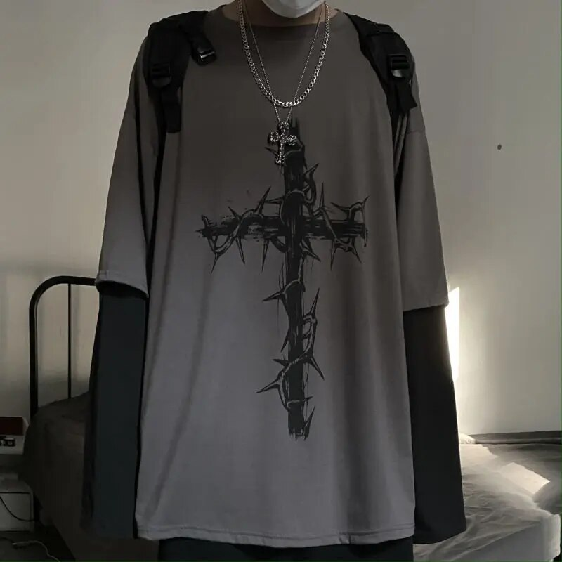Magliette stile gotico gotico Mall Goth Tops T-shirt oversize a maniche lunghe punk Falso in due pezzi Moda di strada stile coreano338_voghion.com