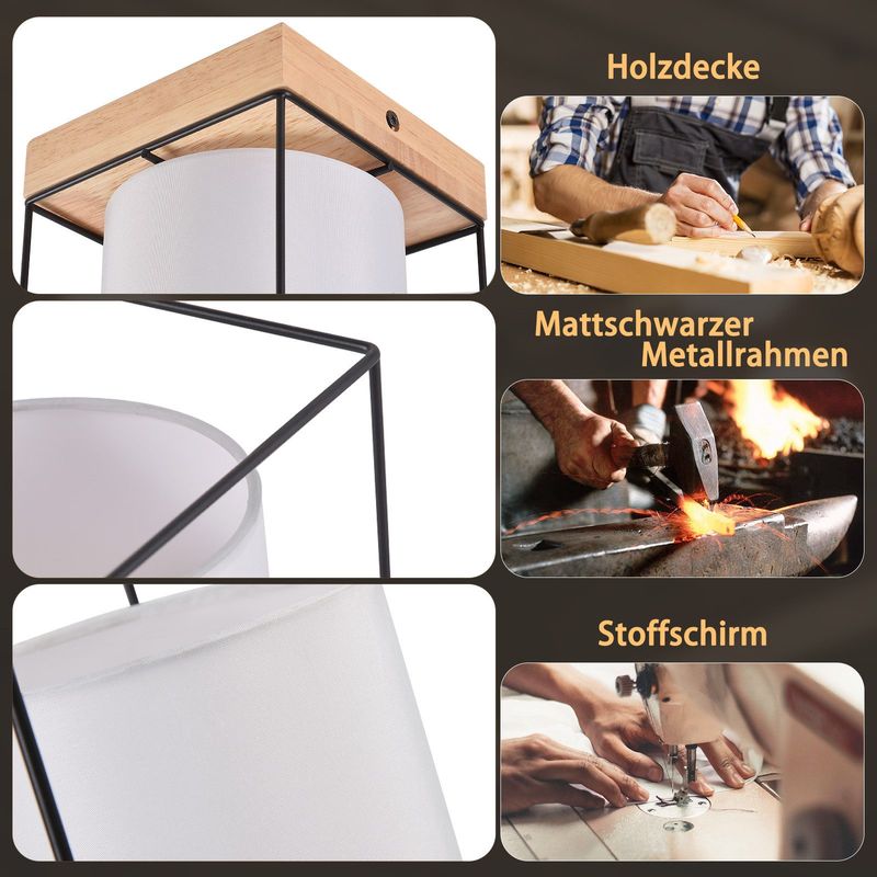 Glitzerlife Deckenleuchte Flur Deckenlampe Holz - 1 Flammig E14 Vintage Flurlampe Mit Stoff-Lampenschirm Küchenlampe Industrial Retro Schlafzimmerlampe_voghion.com