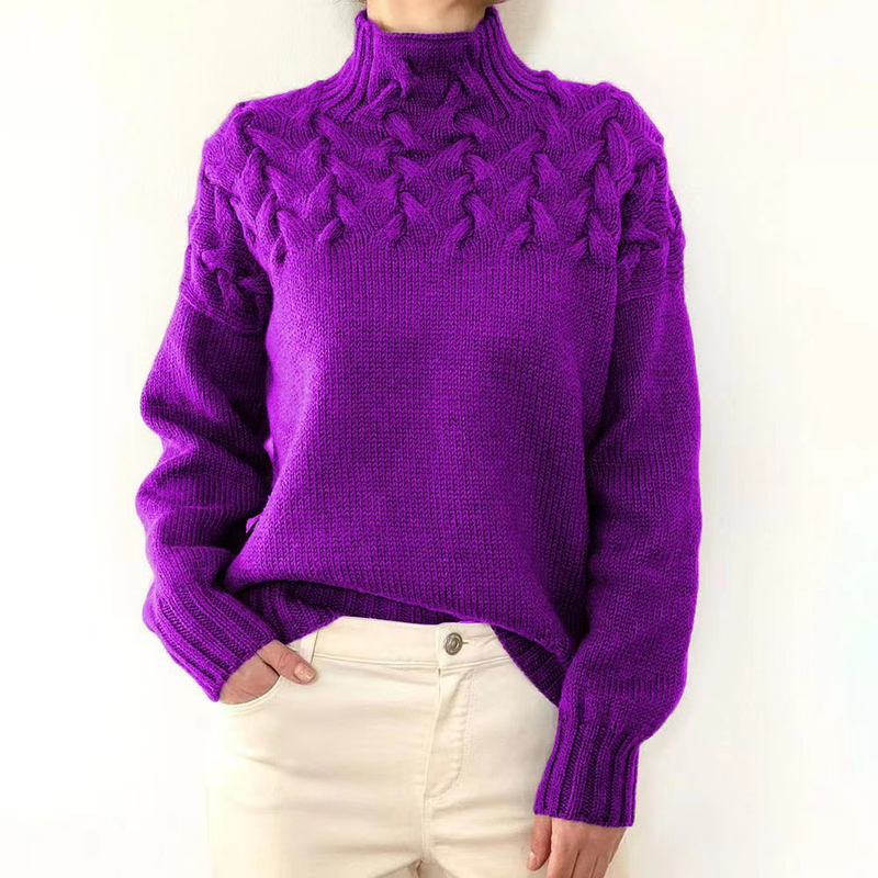 Women's casual long-sleeved turtleneck solid color sweater pullover_voghion.com