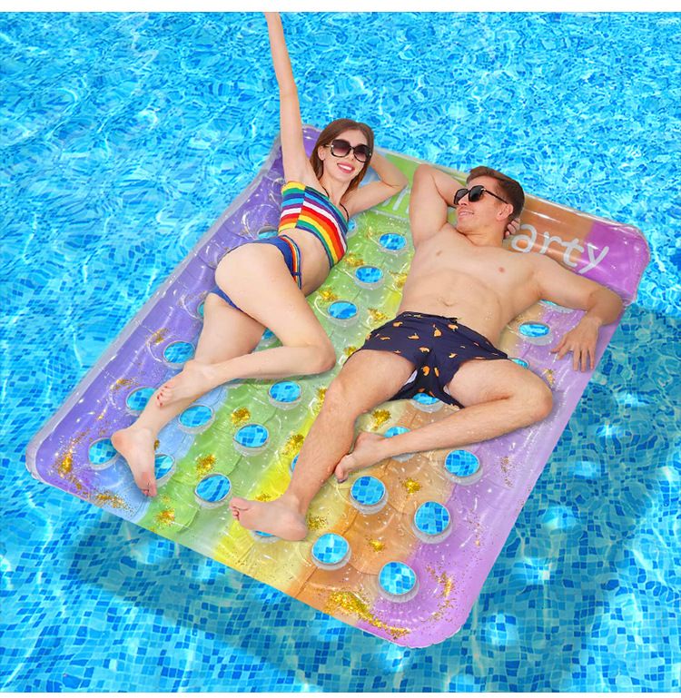 Chaise longue gonflable double dégradé arc-en-ciel – Maille pailletée et oreiller rembourré (PVC écologique 200 cm, robuste pour piscine et plage)_voghion.com