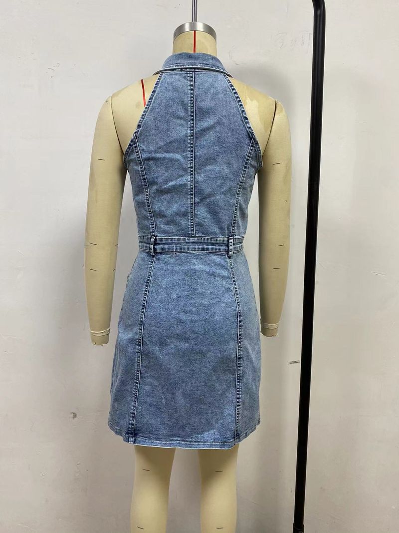 Abito in denim alla moda da donna, senza maniche, con risvolto e vita a trapezio_voghion.com