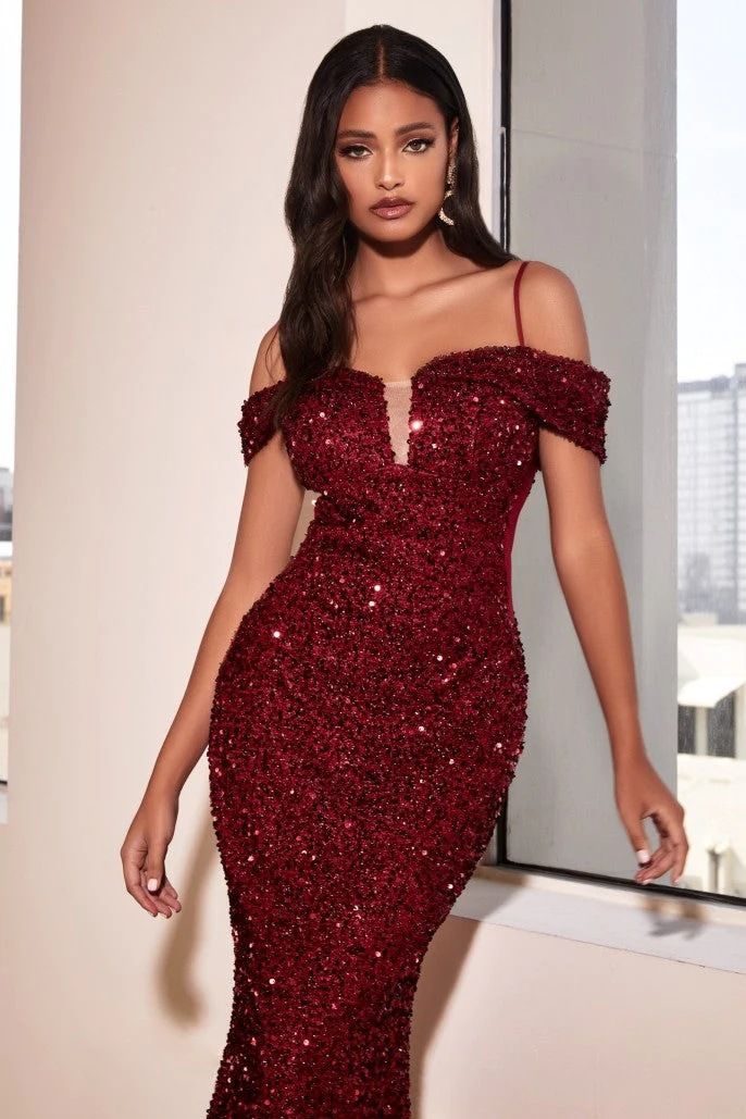 Women's Clothing Sequins Temperament Commuting Solid Color Mid Waist One Shoulder Temperament Solid Color Banquet Long Skirt Evening Dress_voghion.com