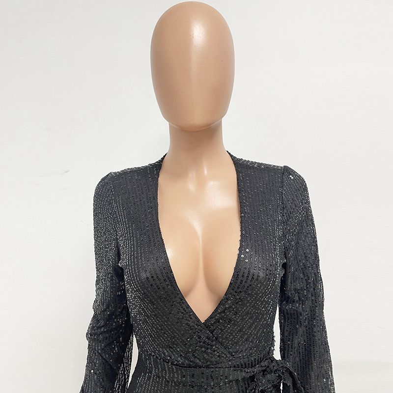 Damkläder Ins Style Deep V Mode Casual Jumpsuit Långärmat Bälte Paljett Jumpsuit Dam_voghion.com