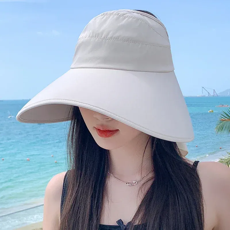 Nuovi arrivi Cappello estivo alla moda per il sole Tesa larga Protezione UV per il collo Donna Cappelli da spiaggia solari Cappelli da pescatore pieghevoli Coda di cavallo Viaggio_voghion.com