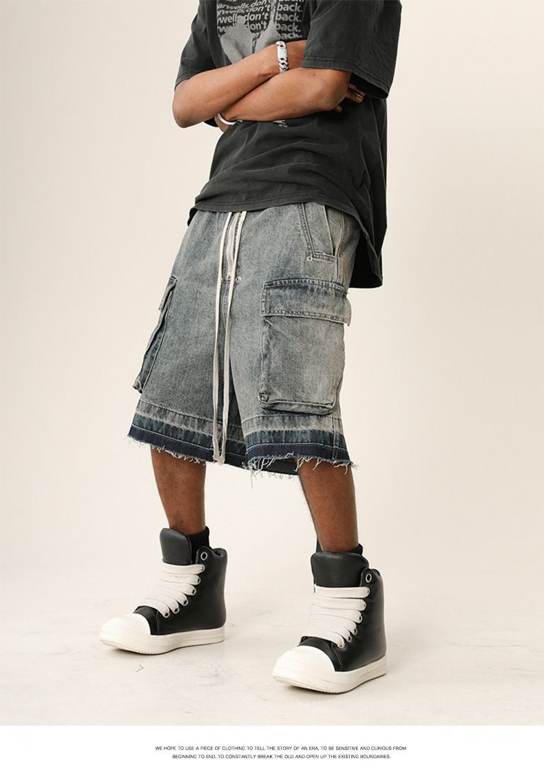 Herreklær High Street Vibe Vasket, slitt denimshorts med rå kanter Trendy merkevare Løse shorts med flere lommer_voghion.com