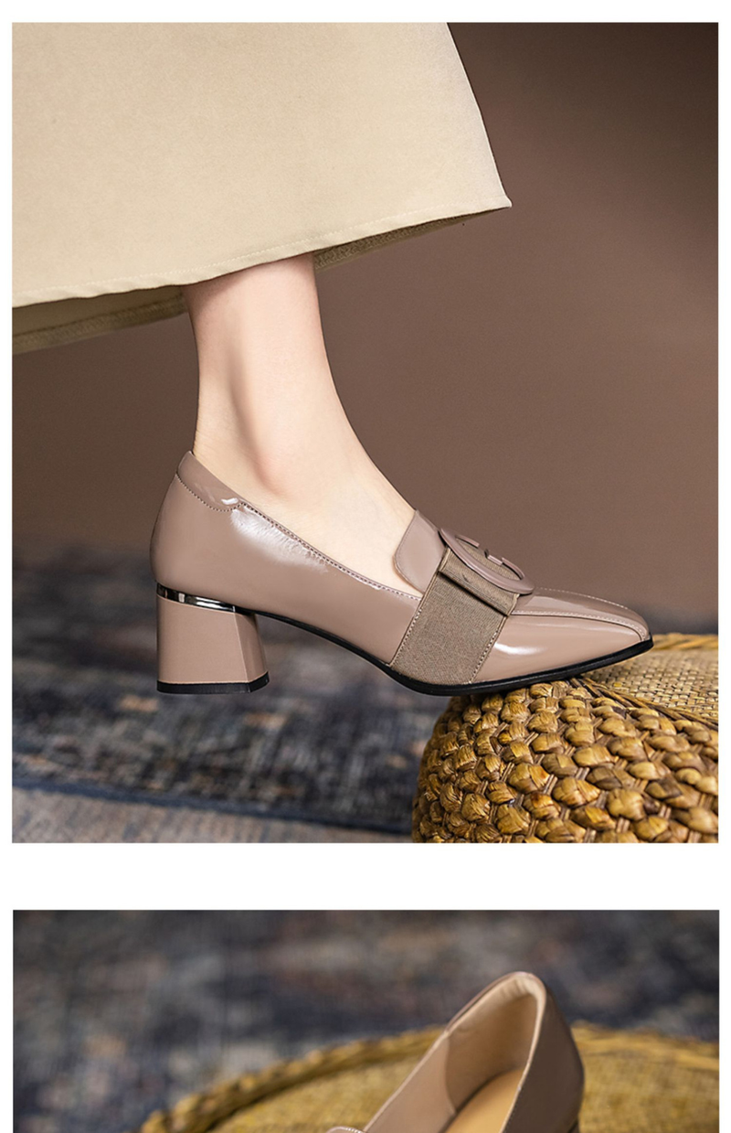 Women's spring and autumn new style British style patent leather square toe thick heel single shoes one-step round buckle high heels_voghion.com