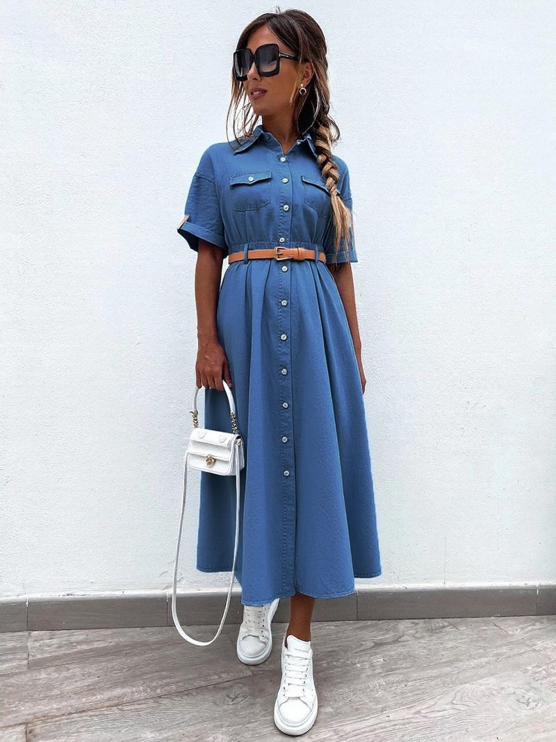 Abbigliamento da donna, nuovo abito in denim con camicia di media lunghezza, linea ad A_voghion.com