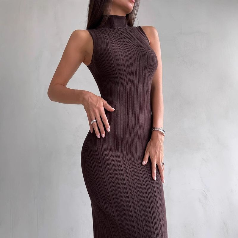 Abito elegante in stile francese, aderente, di media lunghezza, in maglia, con collo alto, senza maniche, per primavera estate, per donna_voghion.com