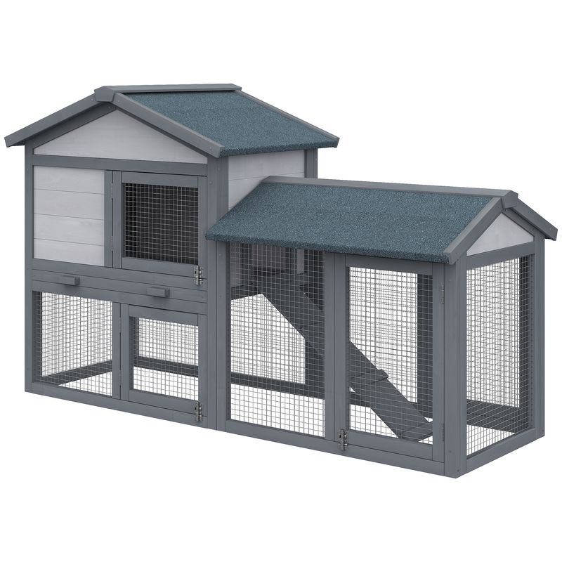 PawHut 58" Rabbit Hutch, Wooden Bunny Hutch, Guinea Pig Cage, Small Animal Enclosure with Run Area, Removable Tray, Asphalt Roof, Lockable Doors and R_voghion.com