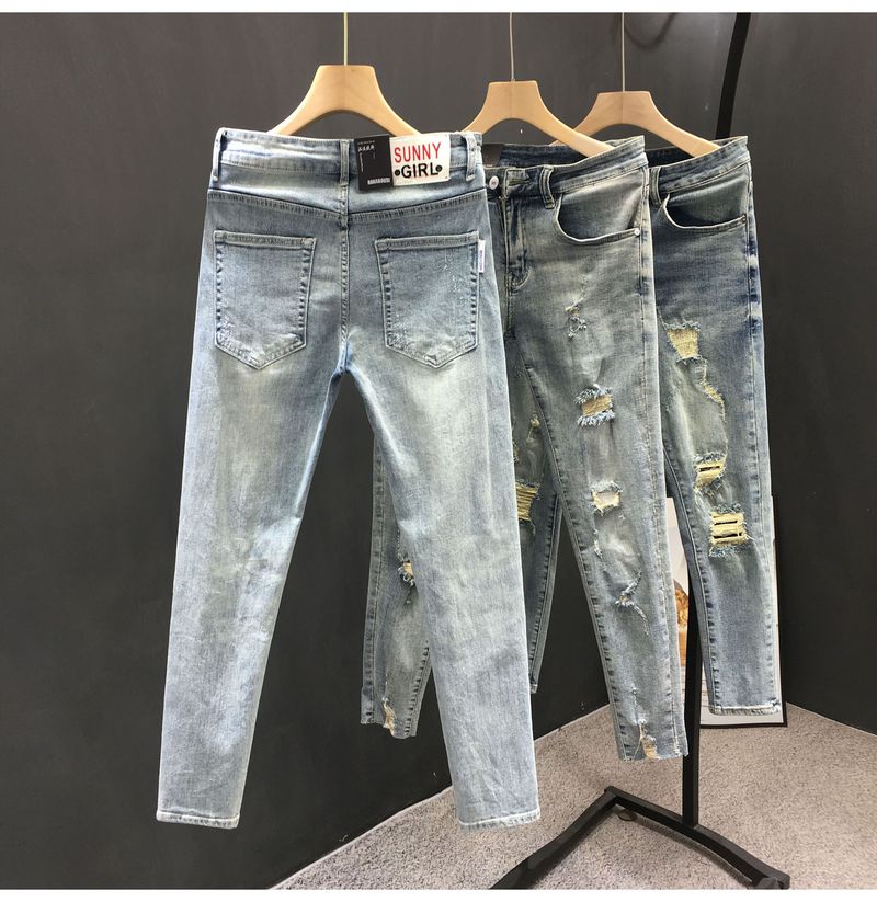 Herrkläder Sommar Kraftig Tvättning Retro Slitna Rivna Jeans Herr Trendiga Märkes Snygga Skrapade Slim Fit Skinny Niopunktsbyxor_voghion.com