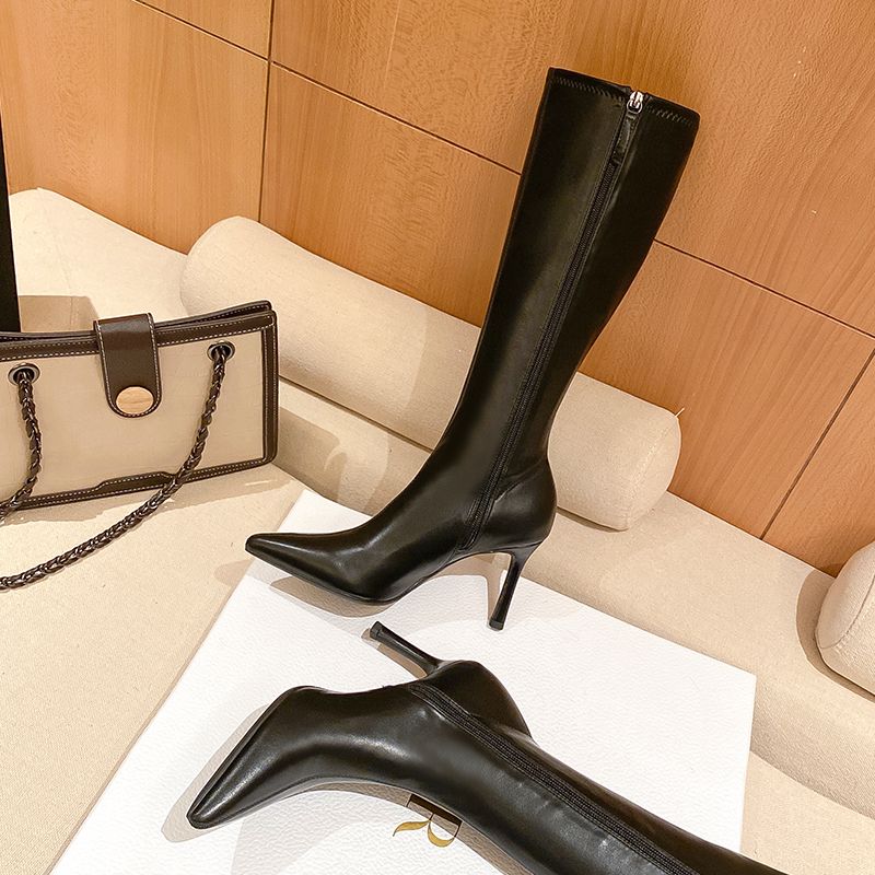 High-Heeled Thigh Boot Women 2024 New Autumn Black Plus Veet Pointed-Toe Skinny Stretch Boots Stiletto Heel High Boots,_voghion.com