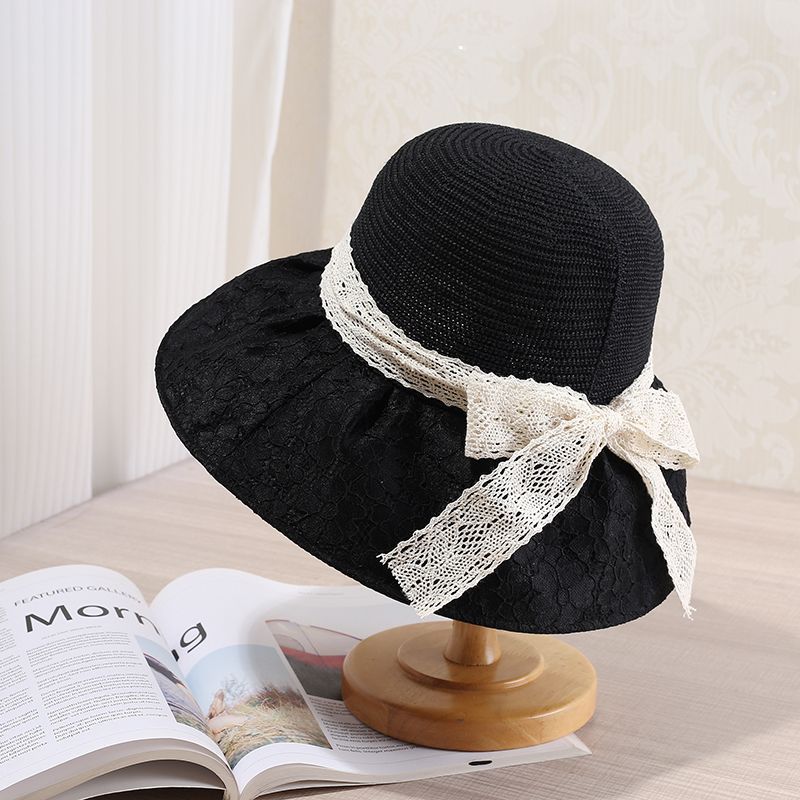 Cappello da pescatore con fiocco in pizzo per bambini, cappello di paglia estivo da mare, cappello da sole a tesa larga_voghion.com