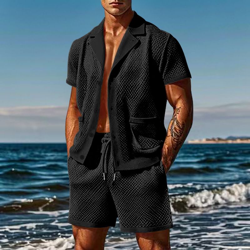 Herrenbekleidung Mesh Atmungsaktiv Cool Freizeitanzug Dünner Herren Kurzarm Shorts Zweiteiliger Anzug_voghion.com