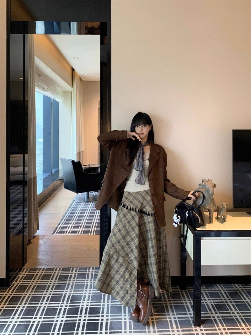 Ragazza Originale Qualità Tre Pezzi Set Per Donna Retro Autunno Inverno Nuovo Completo Giacca Scamosciata Base Camicia Gonna Scozzese_voghion.com