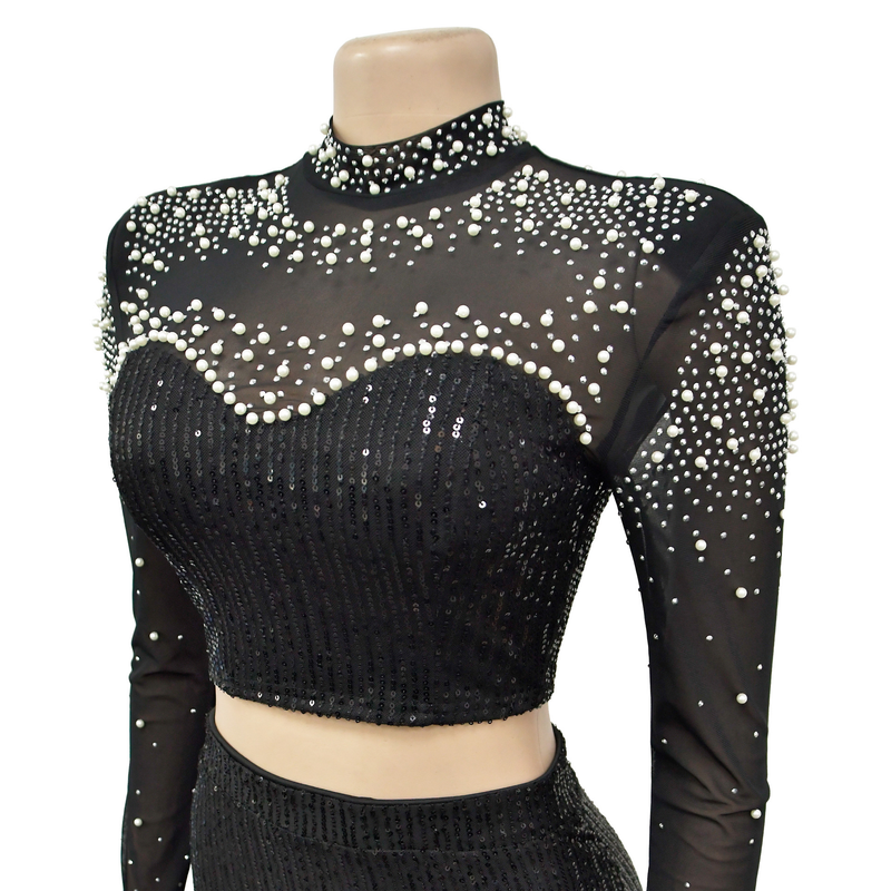 Damenbekleidung, modisches Damen-Zweiteiler-Set mit Rundhalsausschnitt, Mesh-Pailletten, langen Ärmeln und langem Rock_voghion.com