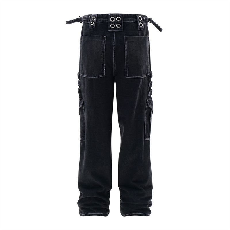 Punk Rock Cargo Jeans For Men Hiphop Trendy Niche Design With Straps And Pockets Straight-Leg Long Pants_voghion.com