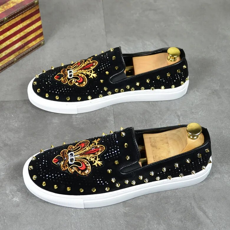 Chaussures en cuir rivets brodés pour hommes, mocassins à enfiler, chaussures plates décontractées, baskets loisirs,_voghion.com