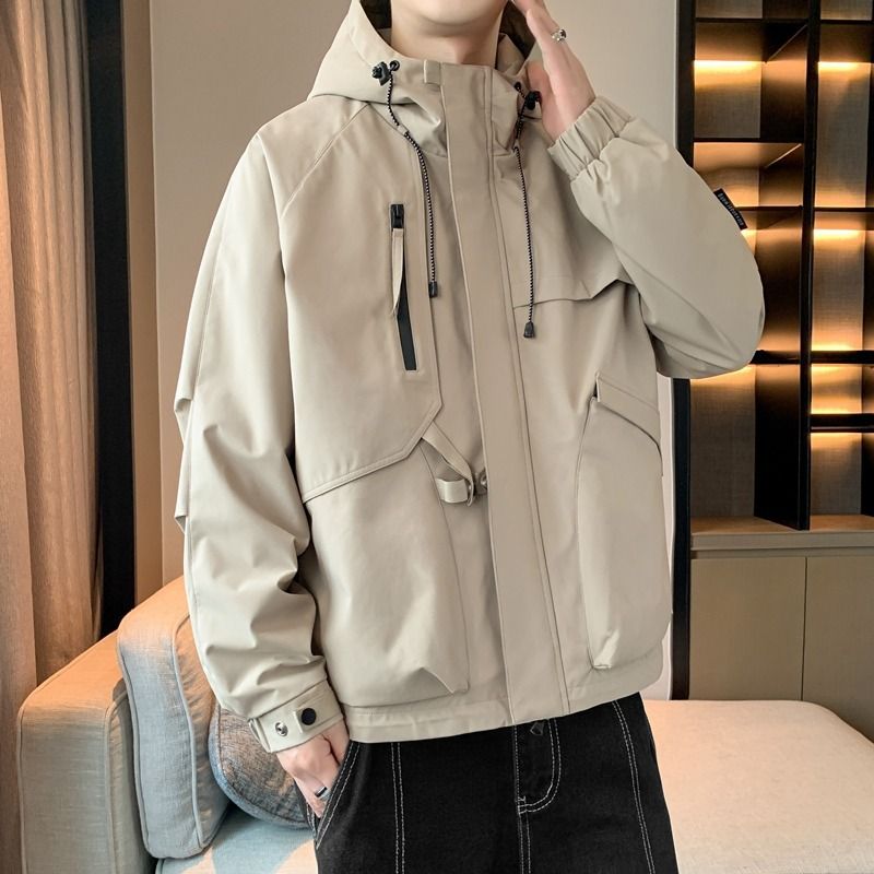 Giacca da lavoro con cappuccio, giacca casual ampia da uomo, giacca mimetica con colletto rialzato e tasche grandi_voghion.com