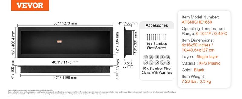 VEVOR Shower Niche Ready For Tile 16" X 50", Single Shelf Organizer, Square Corners Wall-inserted Niche Recessed, Sealed Protection Modern Soap Storage Niche For Shower Bathroom, Black_voghion.com