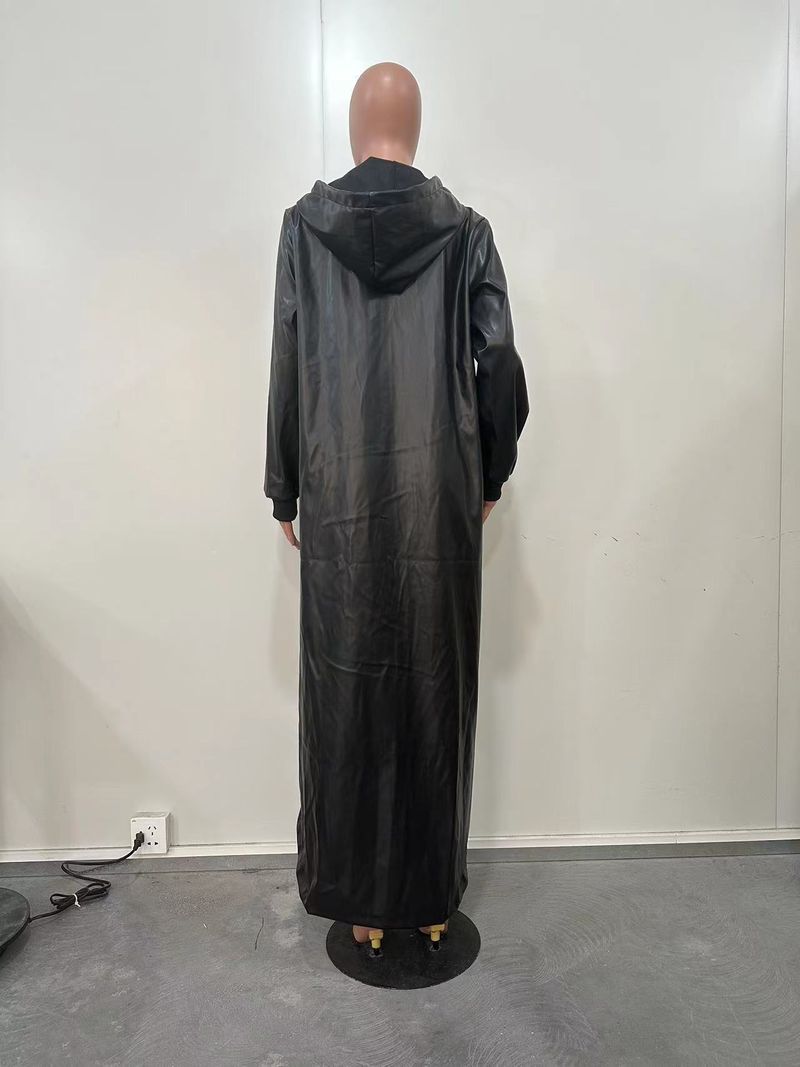 D8648 Autumn Winter New Women's Thickened PU Sleeve Hooded Drawstring Front Short Back Long Cape Coat_voghion.com