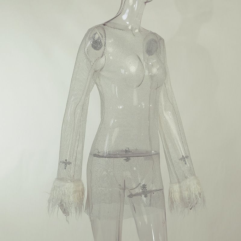 Abito da sera in rete trasparente con fili glitterati – Mini abito aderente senza maniche per la serata (nero/rosa/bianco)_voghion.com