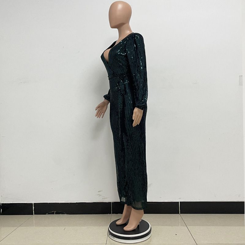Damkläder Ins Style Deep V Mode Casual Jumpsuit Långärmat Bälte Paljett Jumpsuit Dam_voghion.com