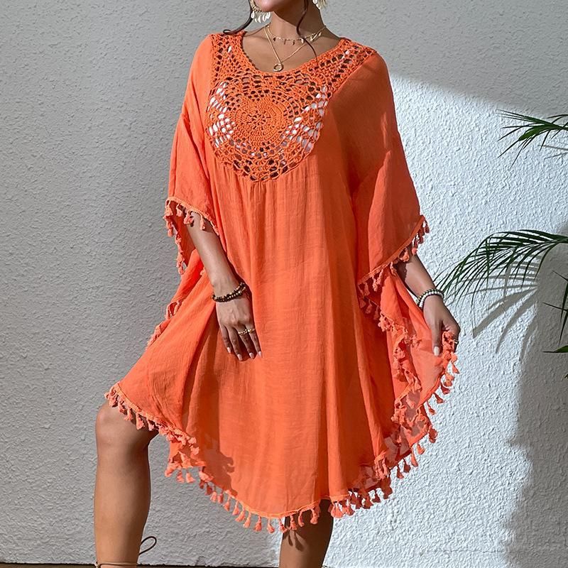 Crochet-Trimmed Polyester Beach Cover-Up – Flowy & Sexy Bikini Wrap For Vacation & Swim (One Size) – Lightweight & Stylish_voghion.com