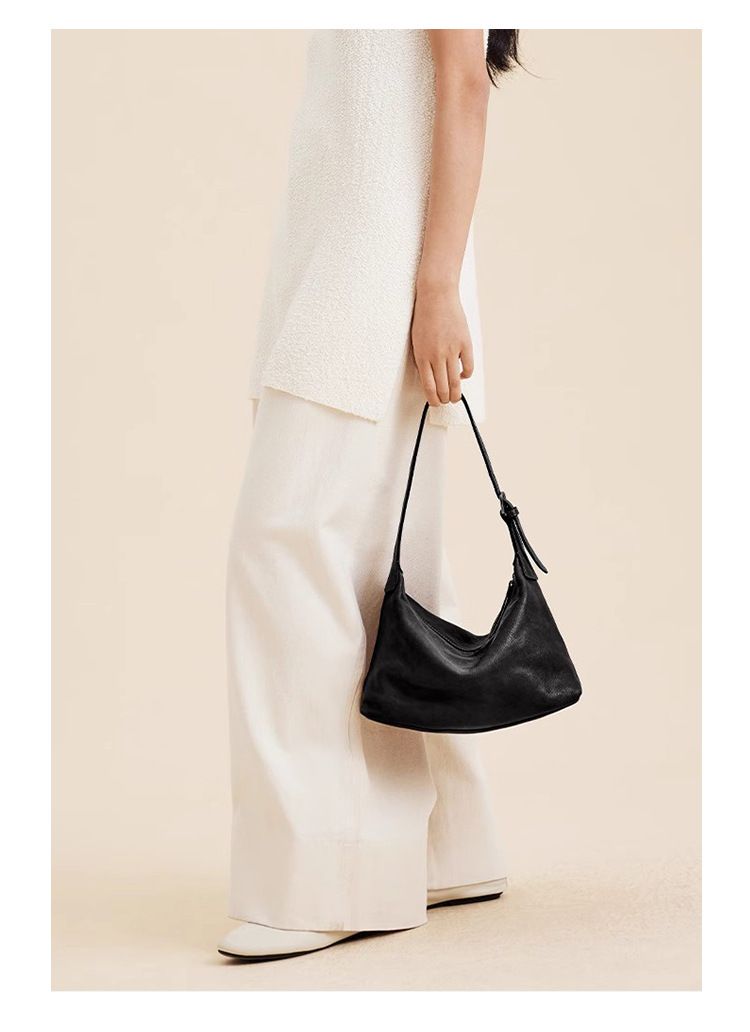Borsa a tracolla da donna, in pelle bovina conciata al vegetale, con strato superiore, hobo bag in pelle, borsa tote da ascella, borsa Jiaozi a tracolla di grande capacità da donna_voghion.com