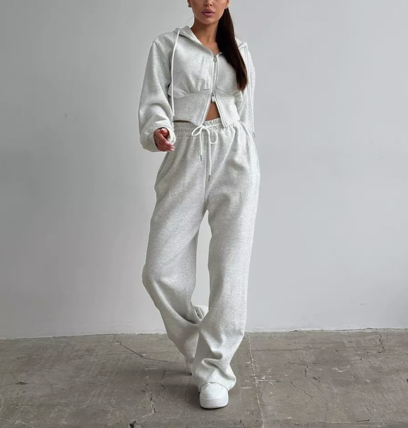 Completo da donna con felpa con zip e pantaloni a gamba larga - Completo coordinato in morbido cotone, da salotto a strada, traspirante, a maniche lunghe, due pezzi, casual_voghion.com