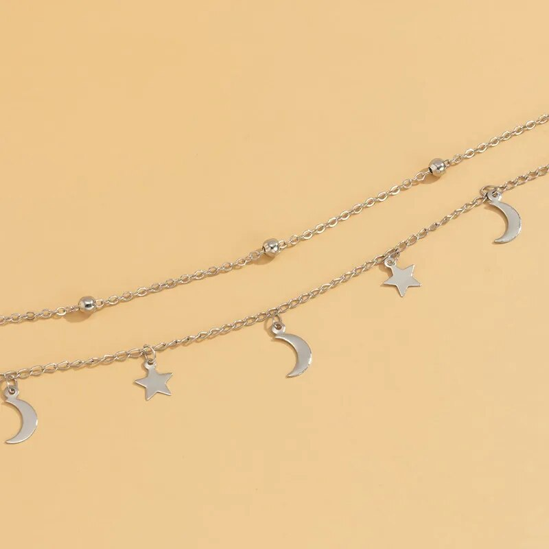 Halskette mit Stern-/Mond-Anhänger, doppellagig, Perlen, minimalistisch, Damenmode, Halsschmuck für den Sommer, Alltagsschmuck, Bijoux_voghion.com